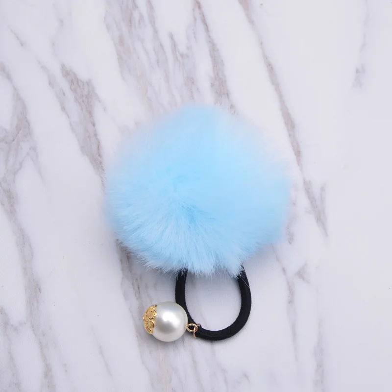 Sky Blue Милые эластичные резинки для волос с искусственным кроличьим мехом, перламутровые резинки для волос, держатели для конского хвоста, повязка на голову для девочек, женские аксессуары для волос - Цвет: Sky Blue