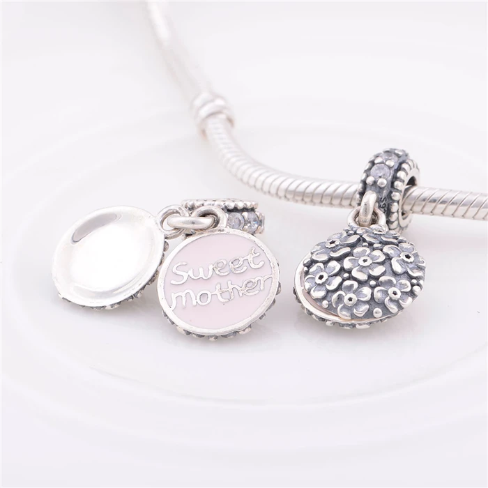 Сладкий мать с розовой эмалью Подвески стерлингового серебра 925 fine Jewelry Fit