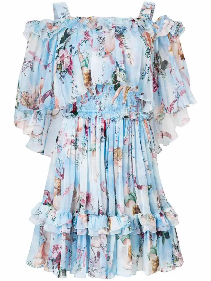 HAMALIEL Runway Cloak Ruffles Party Dress 2018 Summer Designer Blue Chiffon Printing Flowers Spaghetti Strap Cape Backless | Женская