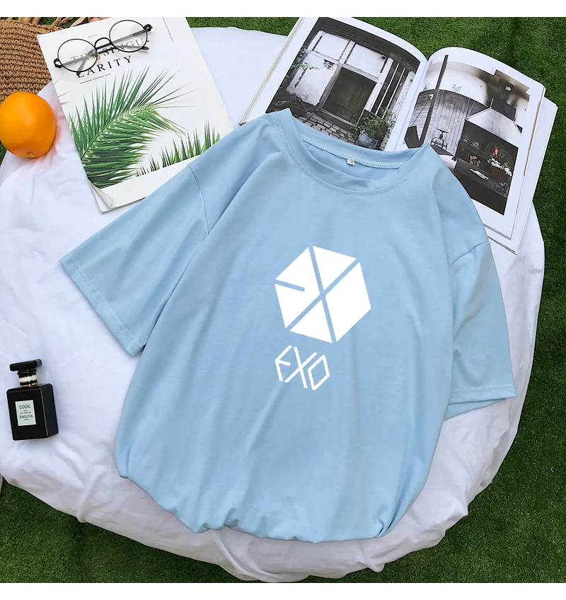 EXO Kpop футболка с коротким рукавом женская летняя новая Корейская хлопковая Футболка Femme Повседневная Уличная Tumblr Harajuku топы Camisas Mujer