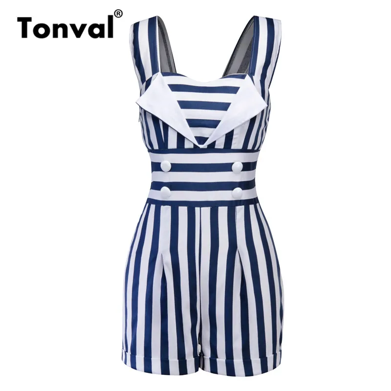 Женский винтажный комбинезон Tonval короткий в полоску на кнопках спереди