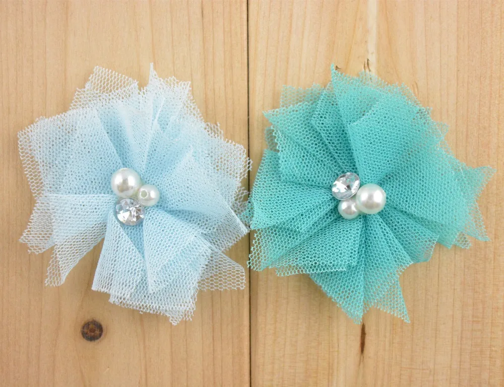 

50pcs/lot 5cm 18colors DIY Soft Chic Mesh Hair Flowers With Rhinestones+Pearls Artificial Fabric Flowers For Baby Headbands