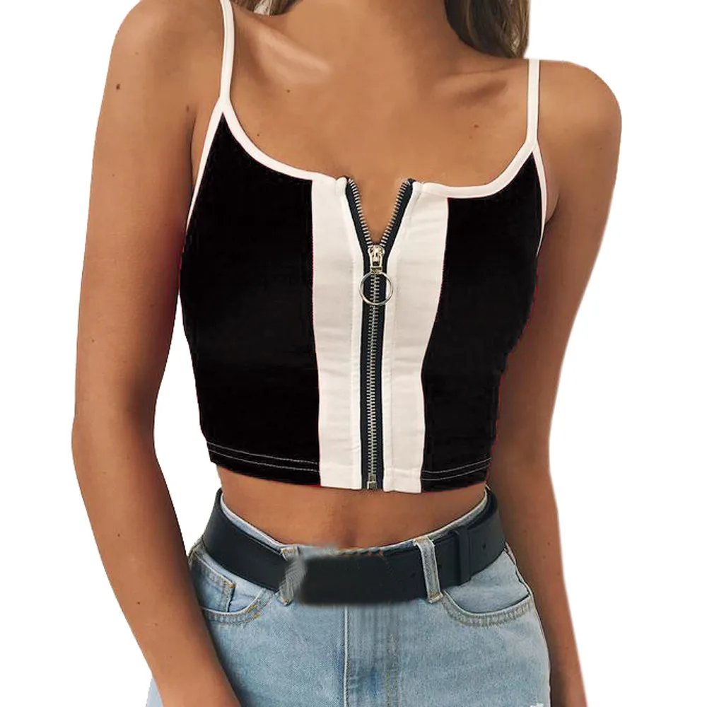 Сексуальный Женский Повседневный жилет на молнии без рукавов с ремешками топы