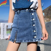 asymmetrical summer denim skirt women spring summer 2019 new side buttons high waist womens mini skirt black blue saias jeans