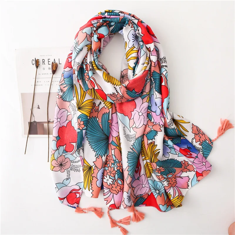 

New 2019 Women Spain Luxury Brand Colorful Floral Viscose Scarf Hijab Wrap Tassel Shawl Headband Muslim Hijab Sjaal 180*100Cm