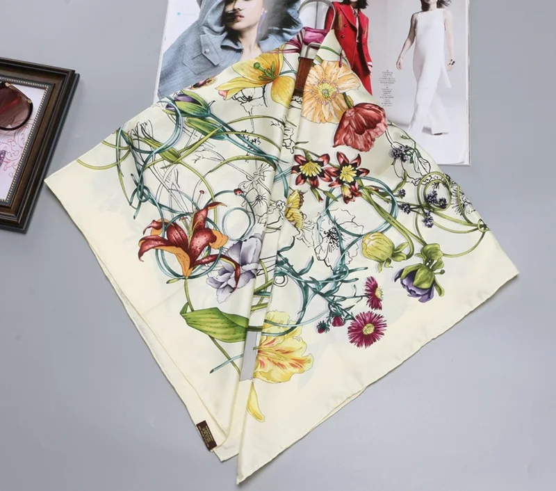 Rice Yellow 3" X 35" цветочный принт твил шелковый шарф Женский сказочный большой квадратный шелковый платок шарфы - Цвет: Rice Yellow