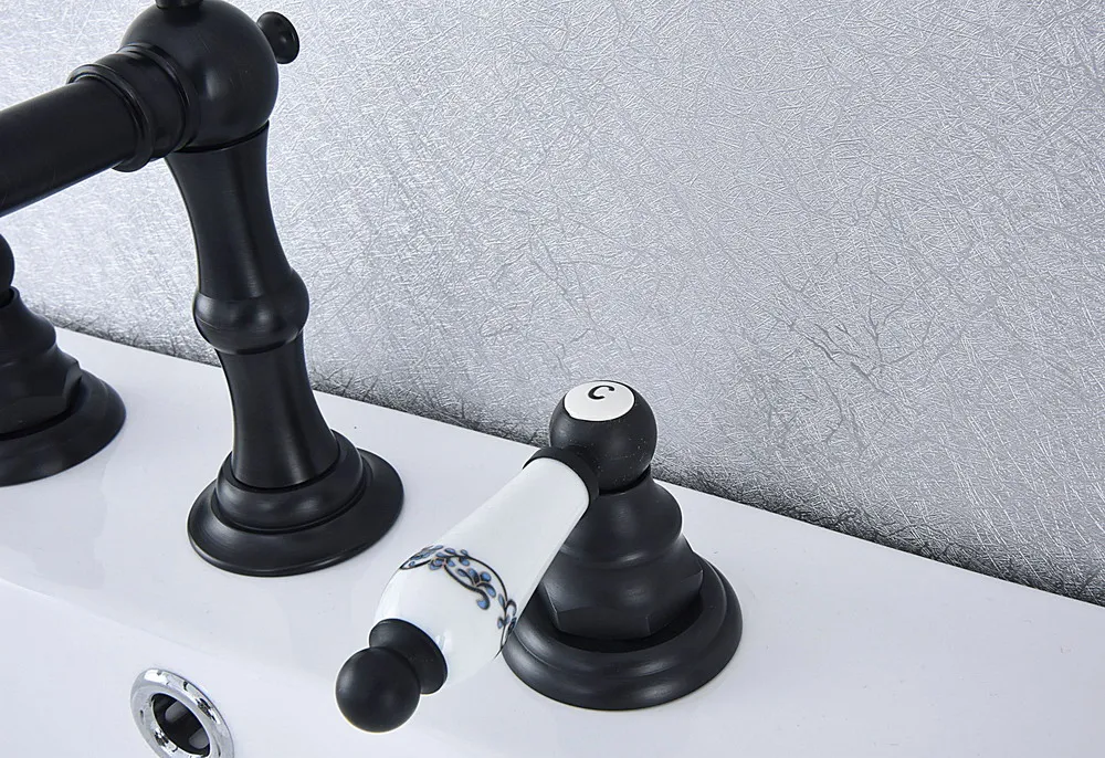 Черный латунный кран для раковины с двумя керамическими рычагами 3 отверстиями