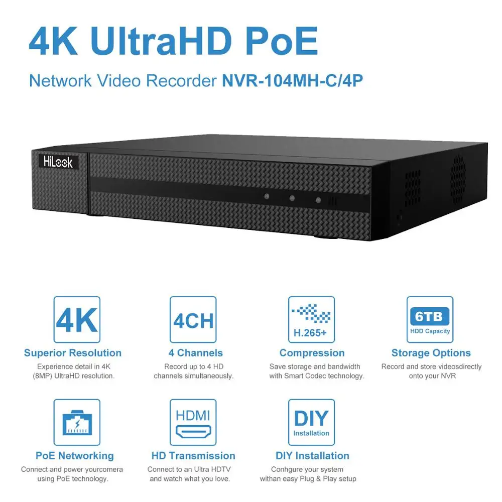 Система видеонаблюдения HiLook Onvif 4CH POE NVR 104MH C/4 P Hikvision Plug & Play 4 канала 4K PoE 1 SATA VCA