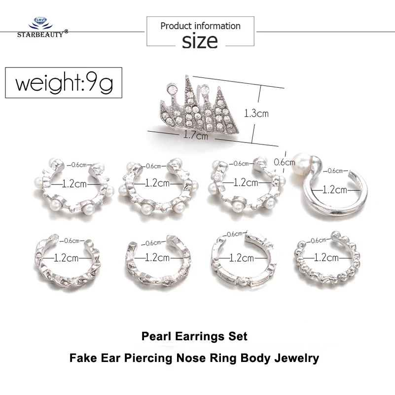 Starose 9 pcs/lot Hot Crown White Pearl Ear Jewelry Fake Piercing Helix Nose Ring Pircing Earrings Cuff | Украшения и аксессуары