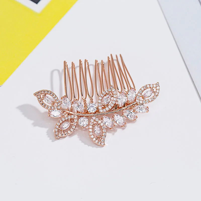 

SLBRIDAL Fashion Rose Gold Luxury Leaf Teardrop Cubic Zirconia Wedding Hair Comb Bridal Hair Pieces Accessories Party Jewelry