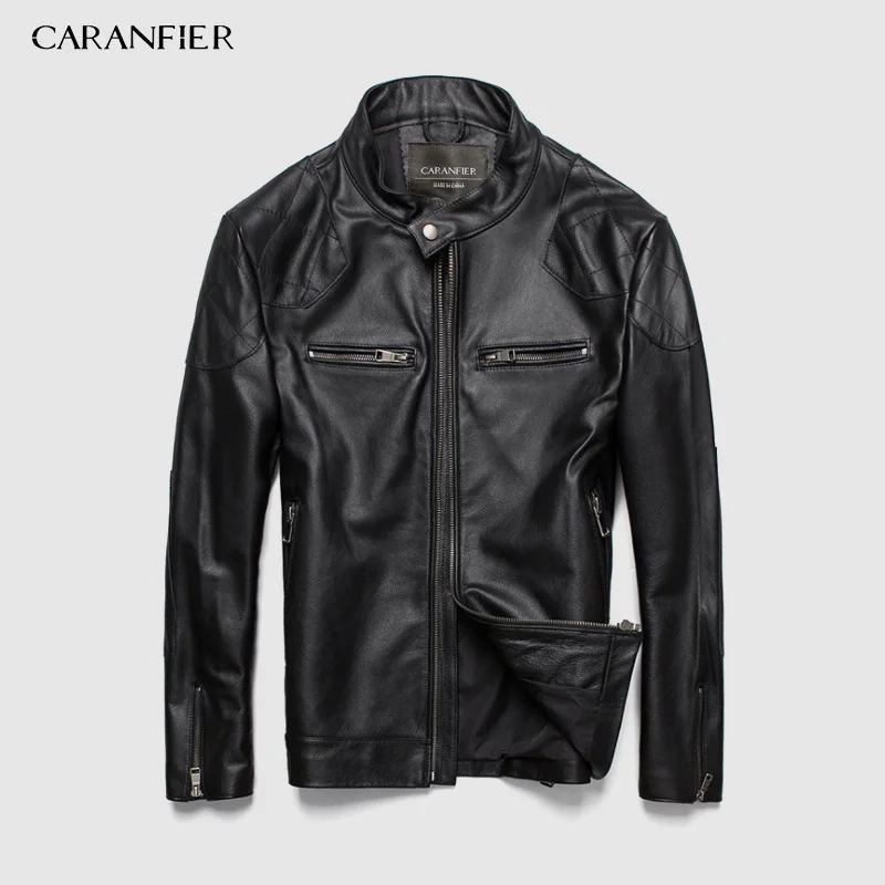 CARANFIER мужское кожаное пальто для мотоцикла одежда из овечьей шкуры короткие