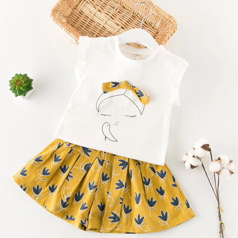Летняя детская одежда для девочек комплект милый ребенок бантом рубашка с