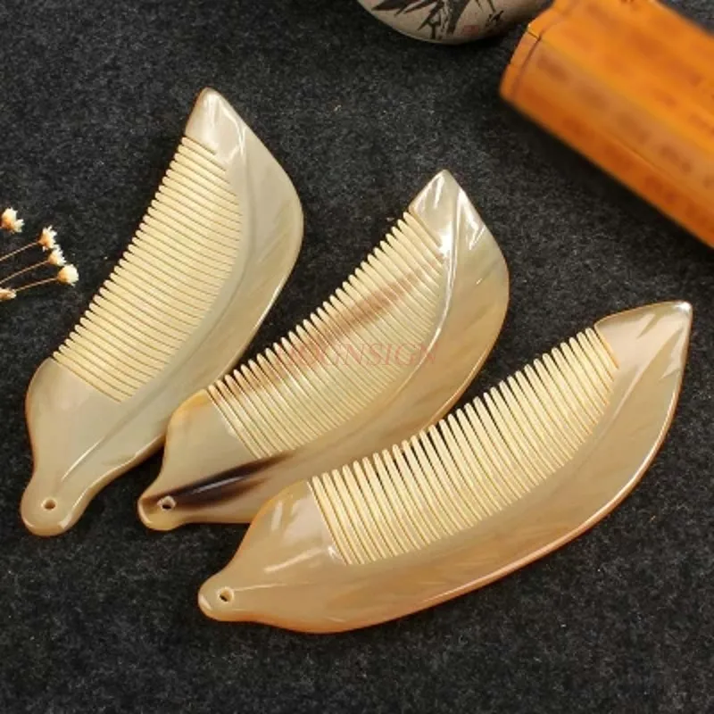 

New Yak Horn Comb Leaf Shape Hairdressing Hairbrush Free Lettering Natural Anti-hair Loss Static Portable Combs For Female Gift