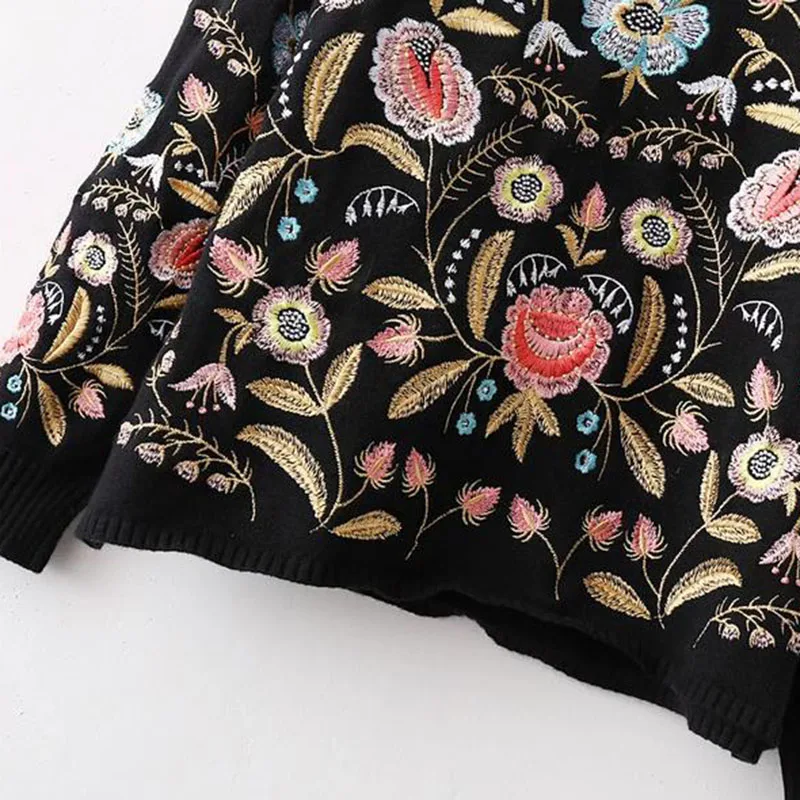 Новый 2017 Женщины Винтаж Вышивка Цветочные Мода Пуловер Свитер Свободные