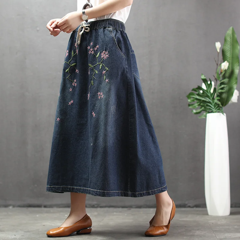 Summer national style retro embroidery powdered washed women denim skirt female elastic waist large size skirts long girl | Женская
