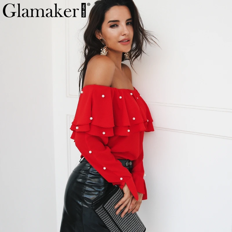 Glamaker летняя блузка с рюшами и открытыми плечами, рубашка с жемчужинами и глубоким v-образным вырезом, женские блузки, вечерние блузки с длинными рукавами, пикантная женская рубашка, Топ