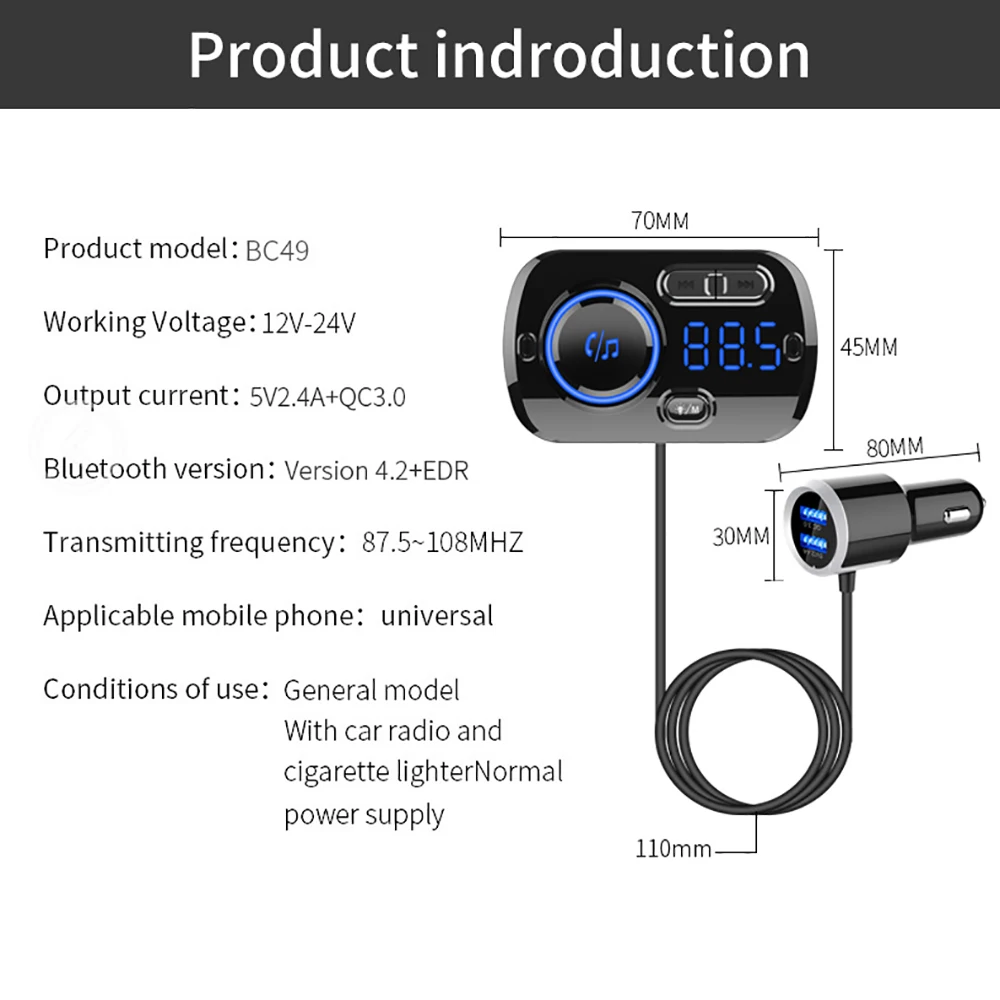Rainbow Colors Bluetooth Hands-free Calling Car Kit FM Radio MP3 Music Player USB Car Charger Support 2 Phone Connection TF Card
