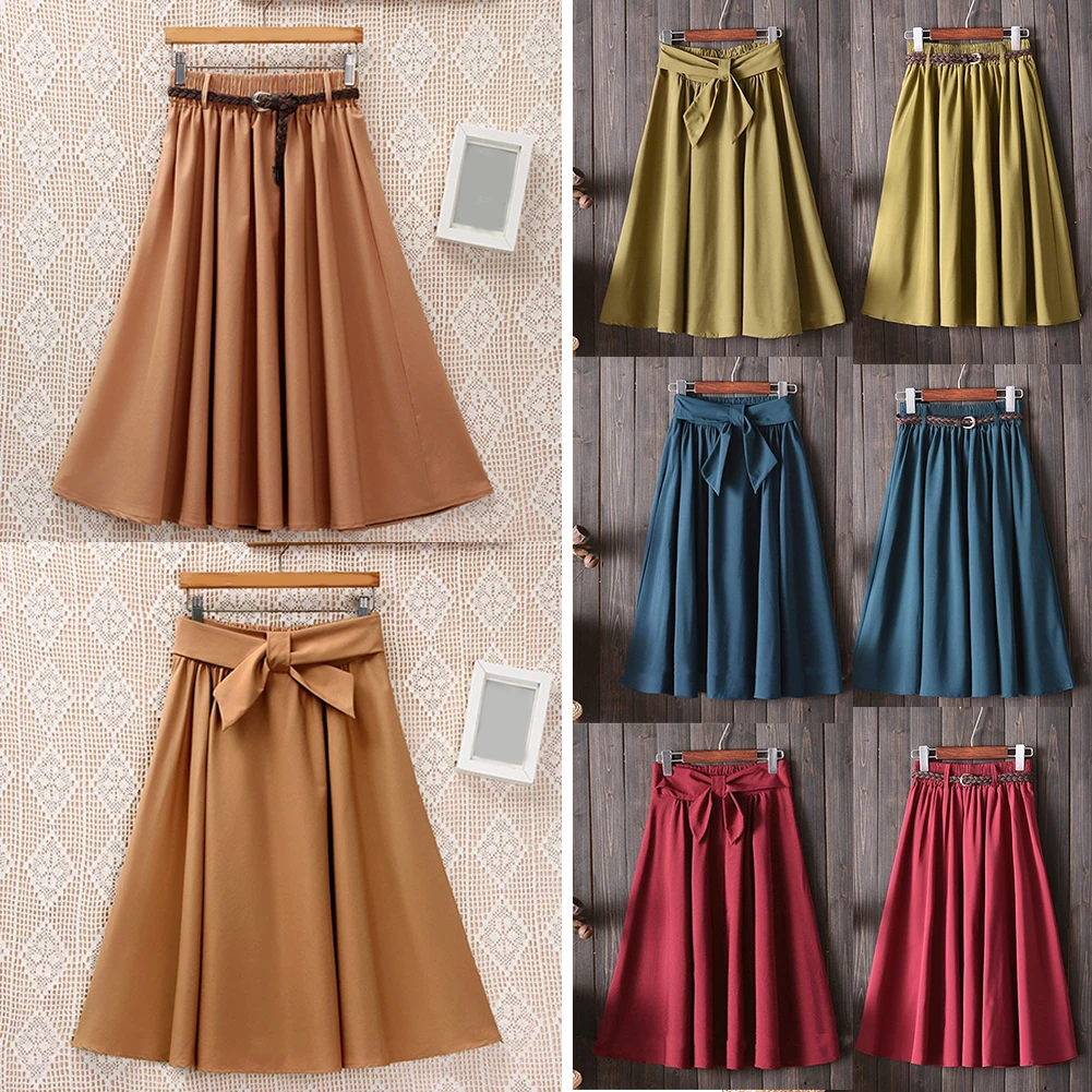 2019 fashion Korean Summer Midi Skirt Women Ladies High Waist pleated skirt A-line School Skirts with belt black red blue skirts | Женская