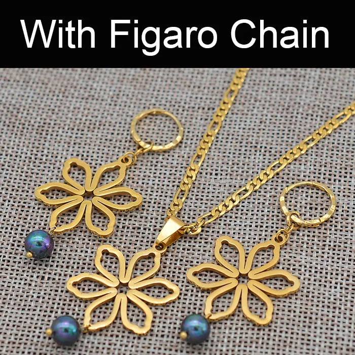 With Figaro Chain Anniyo Гавайский цветок оболочки ожерелье и серьги Ювелирные наборы для женщин Девушка Микронезия Marshallese Гавайи свадебные подарки#103521 - Окраска металла: With Figaro Chain