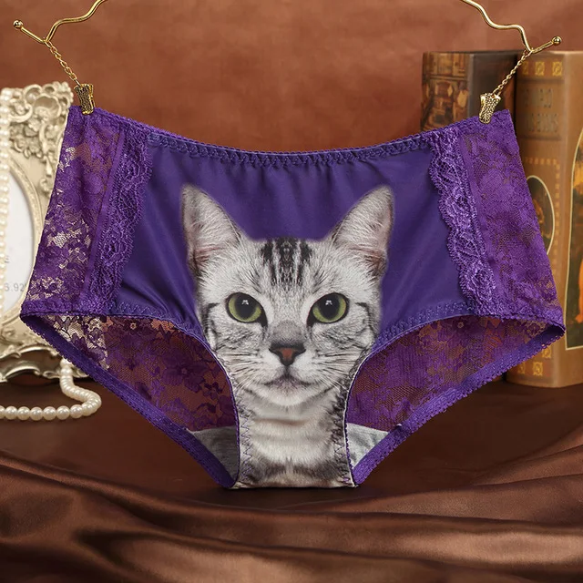 C Purple Сексуальные трусики с 3D котом, кружевное нижнее белье для женщин, милые бесшовные трусы, женские хлопковые трусы со средней посадкой, Прозрачное нижнее белье, нижнее белье - Цвет: C Purple