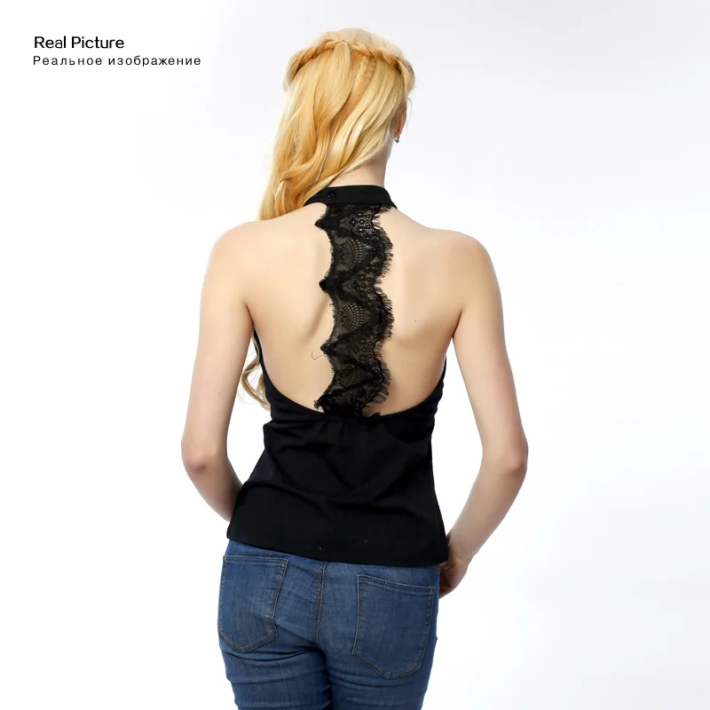 2018 Для женщин футболка хлопок жилет Черный Холтер шеи без рукавов топы Вернуться