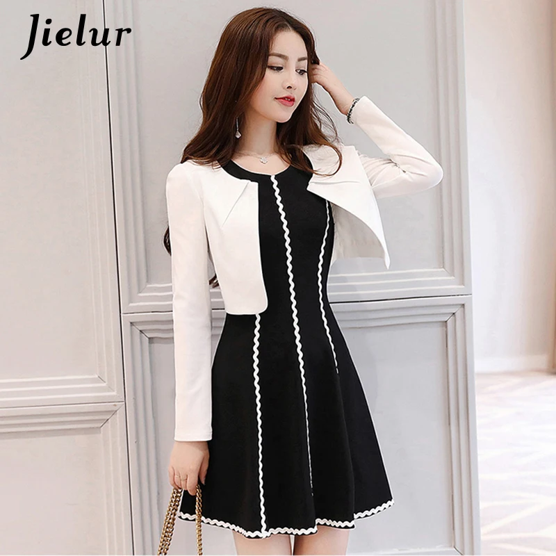 Jielur Elegant Stripe White Black Dress Set Autumn Classic Chic 2 Piece Women Korean Fashion Conjunto Feminino S-XL Dropship | Женская