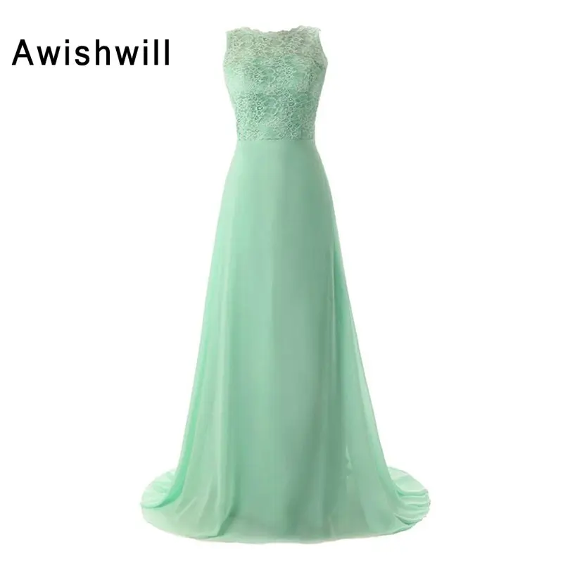 

Mint Green Bridesmaid Dresses 2020 Long Chiffon and Lace Open Back Sleeveless Women Wedding Party Dress