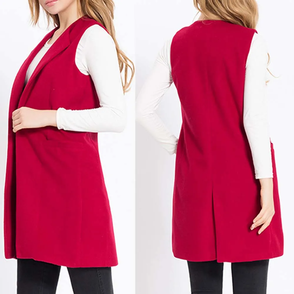 Autumn Women Wool Blend Vest Waistcoat Lady Long Coat Casual Sleeveless Pocket Jacket Plus Size YF809 | Женская одежда