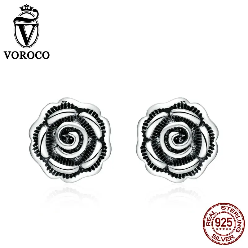 VOROCO, 925 пробы, серебряные серьги, Винтажные серьги-гвоздики в виде цветка розы для женщин, трендовые Свадебные Роскошные ювелирные изделия, подарок VSE024
