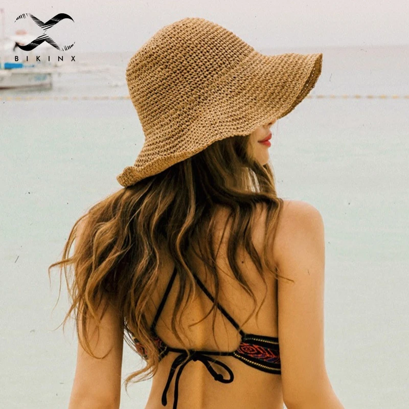 Женская соломенная шляпа Bikinx летняя пляжная с широкими полями элегантная