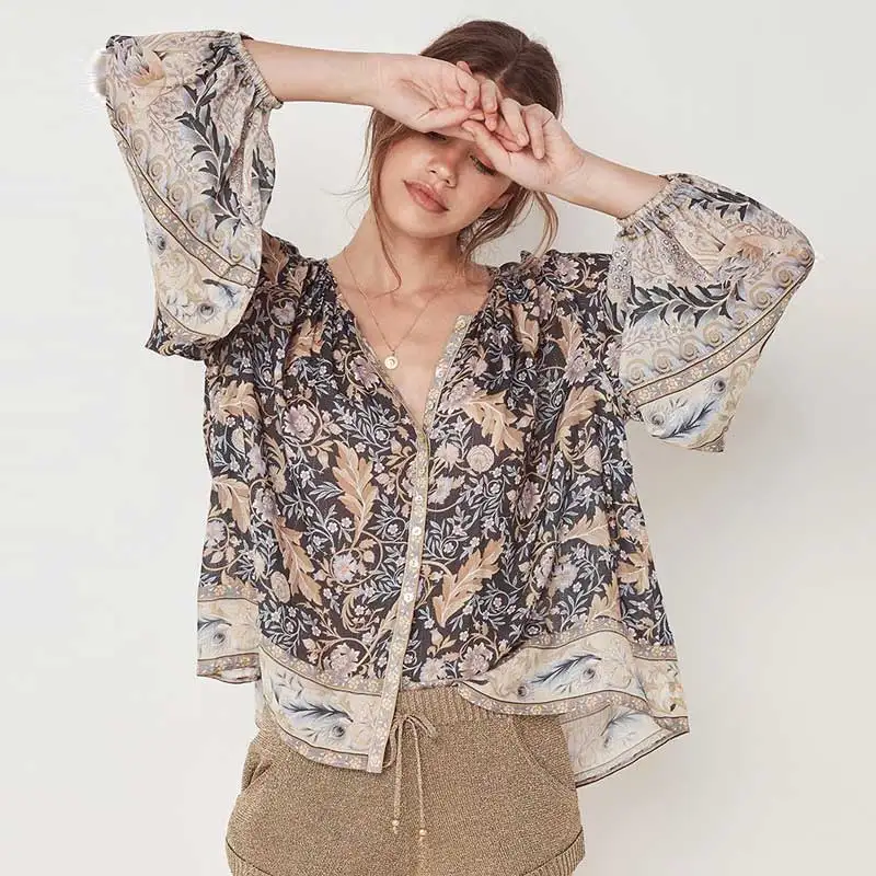 Boho Inspired black floral blouse long sleeve Spring Summer tops women buttons down O-neck oversized causal shirt new blusas |
