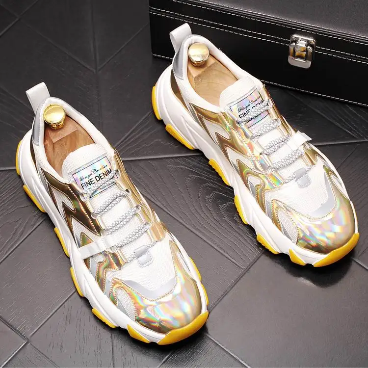 

ERRFC Hot Selling British Mens Gold Casual Comfort Shoes Breathable Flat Platform Man Silver Leisure Shoes Sapatos Size 38-43