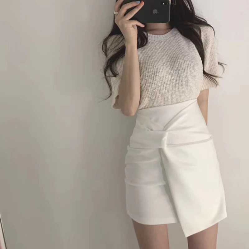Твердые крест-накрест высокая Талия Bodycon женская юбка нерегулярная Мини-Юбка