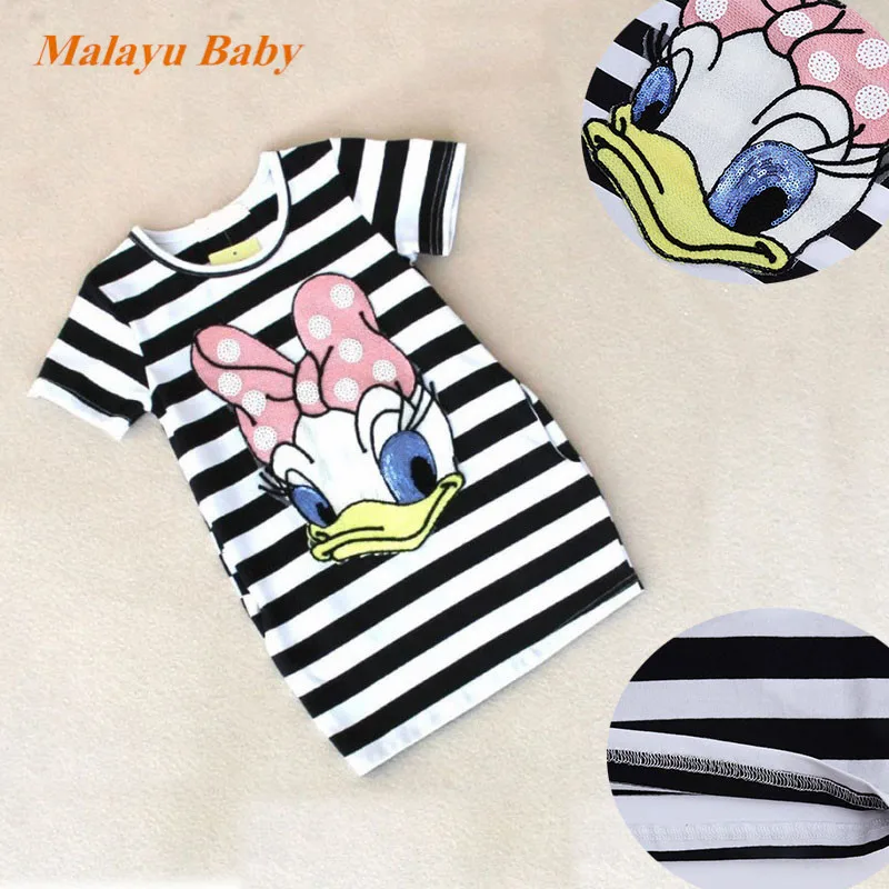 

Malayu Baby Toddler Cute Girls Dresses Summer New Cotton Striped Cartoon Embroidery Casual Outfit 1-6Years Children's Clothing