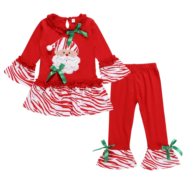 

Kids Baby Girls Clothes Set Santa Claus Bell Sleeve Tops+Flare Pants 2pcs Bow Stripe Children Costume Outfits Christmas Gift