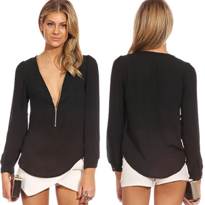 Женская Сексуальная Повседневная Блузка Рубашка Молнии V-образным Вырезом Шифон