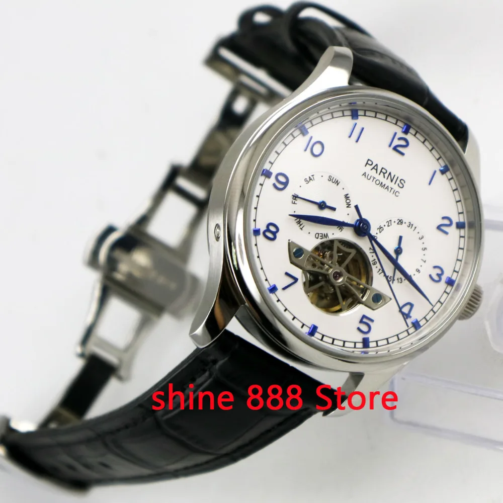 

43mm parnis white dial deployment clasp power reserve date ST 2552 automatic mens watch
