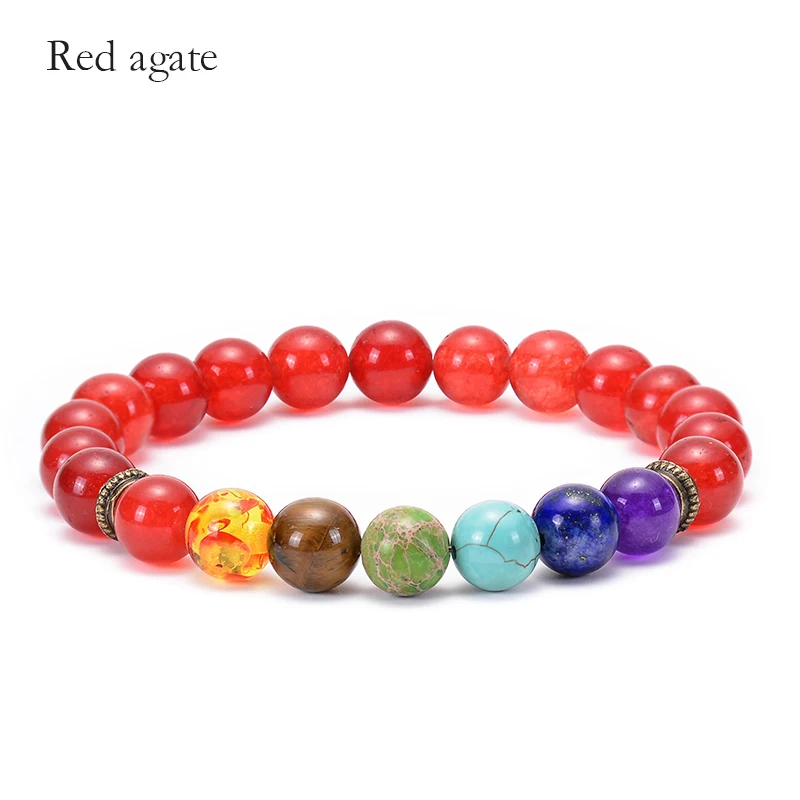 Red agate HIYONY 7 Чакра браслет мужской черный матовый Лава Исцеление баланс бусины рейки Будда молитва браслет для йоги из натуральных камней для женщин - Окраска металла: Red agate