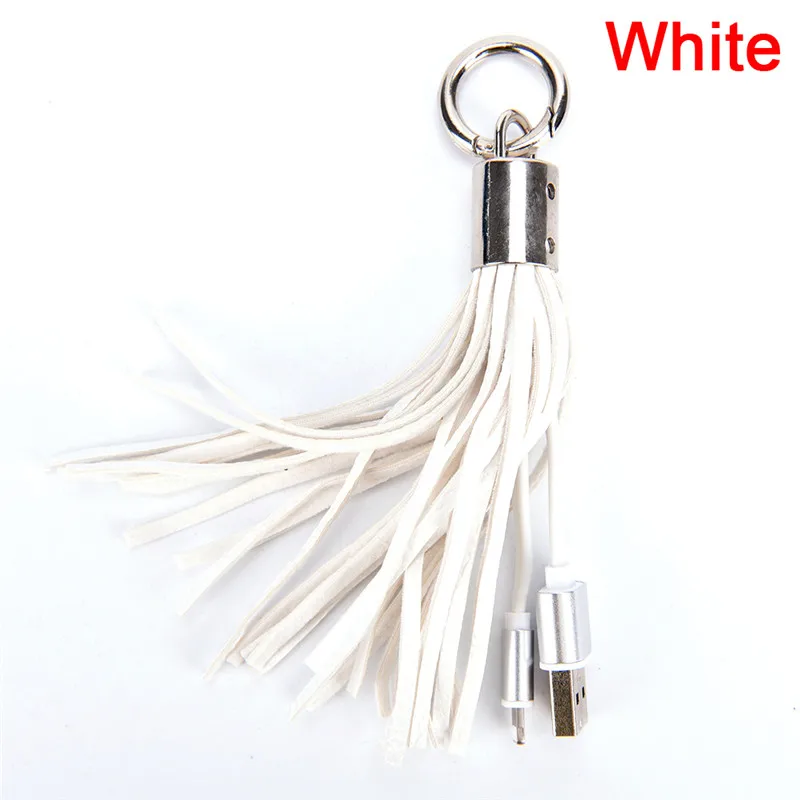 White USB кабель кожаный брелок с кисточкой мини USB кабель быстрое зарядное устройство металлический брелок кабель для передачи данных Шнур адаптер для зарядки для iPhone - Цвет: White