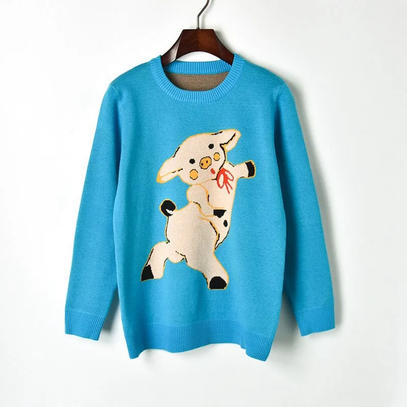 Runway Pullover Bright Blue Cute Pig Pattern Sweet Knitted Sweater O-neck Long Sleeve Fashion Elegant Jumper | Женская одежда