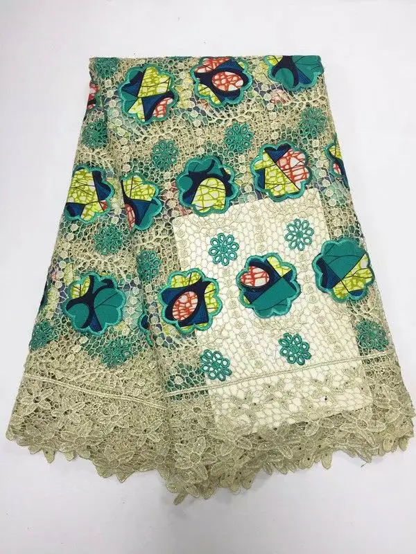 

5 Yards/PC New fashion khaki african water soluble lace with yellow and blue flower cotton fabric embroidery for dress BW136-2