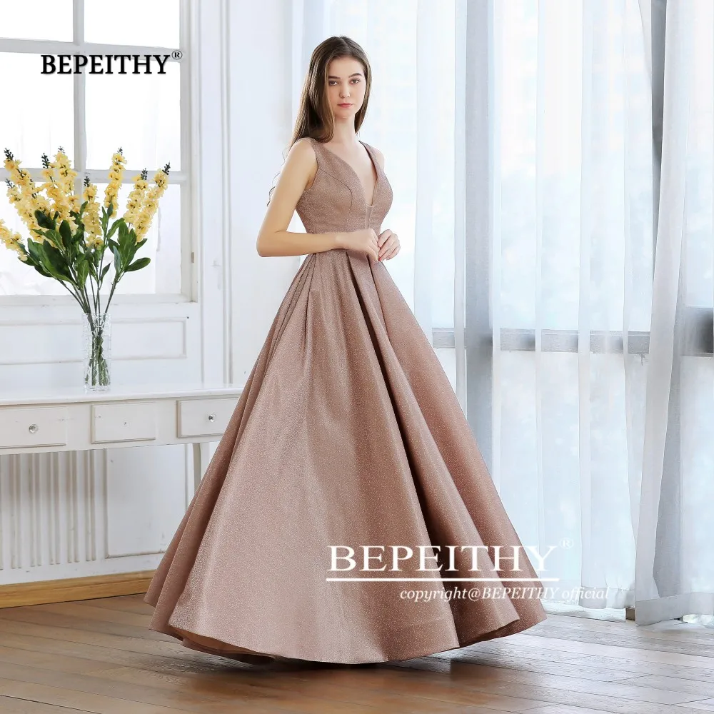 BEPEITHY Новое ТРАПЕЦИЕВИДНОЕ блестящее Золотое вечернее платье длинное Robe De Soiree Светоотражающие Сексуальные вечерние платья на выпускной с открытой спиной Abendkleider