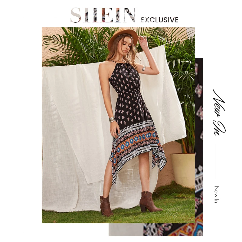 SHEIN, этнический принт, асимметричный подол, Cami, летнее платье миди, для женщин, линия, на тонких бретелях, с завязками спереди, для девушек, народный стиль, бохо, платья