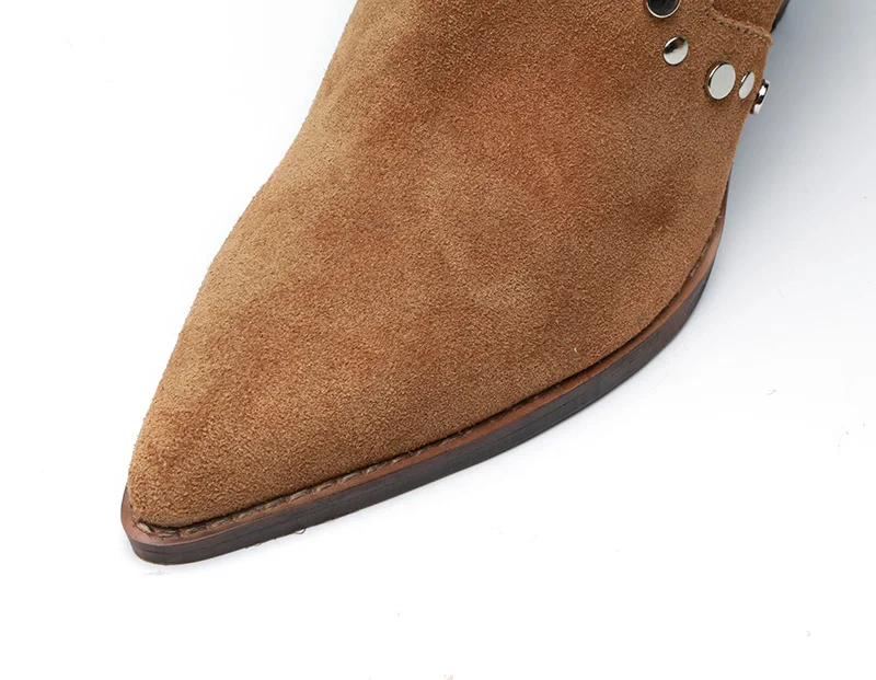 Qianruiti Chaussures Femme коричневые замшевые туфли с заклепками ботинки без застежки