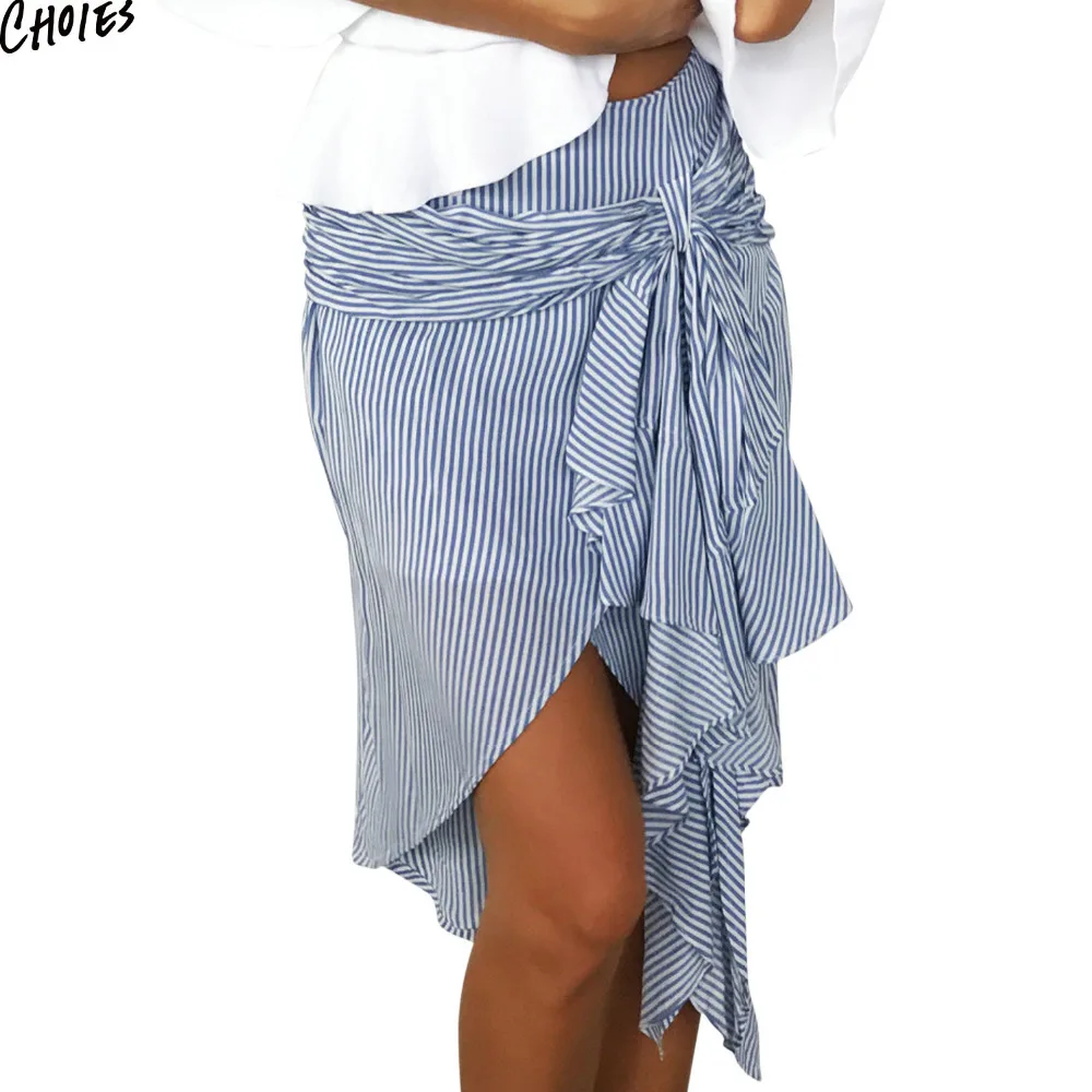 Женская Асимметричная юбка в полоску с бантом 2 цвета высокая низкая 2017 летняя