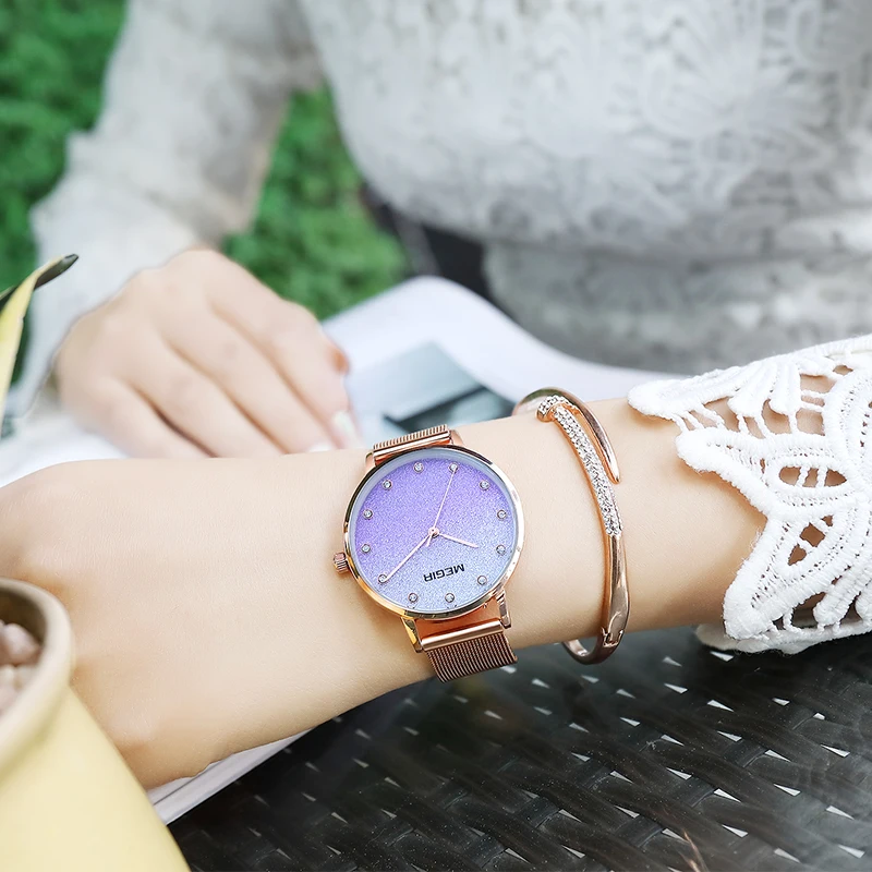Top Luxury Brand MEGIR Mesh Steel Belt Quartz Watch Rose Gold Simple Fashion Waterproof Sports Ultra-thin Ladies 4215 | Наручные часы