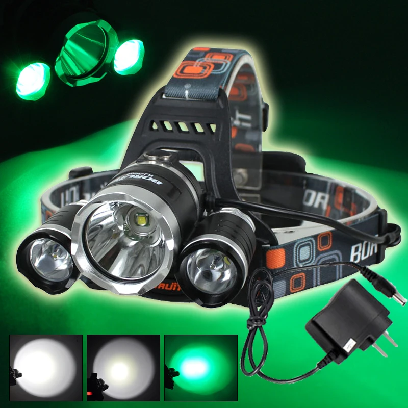 BORUIT 6000LM 3x XM-L T6 + 2R2 зеленый светодиод 2X 18650 налобный фонарь зарядное устройство |