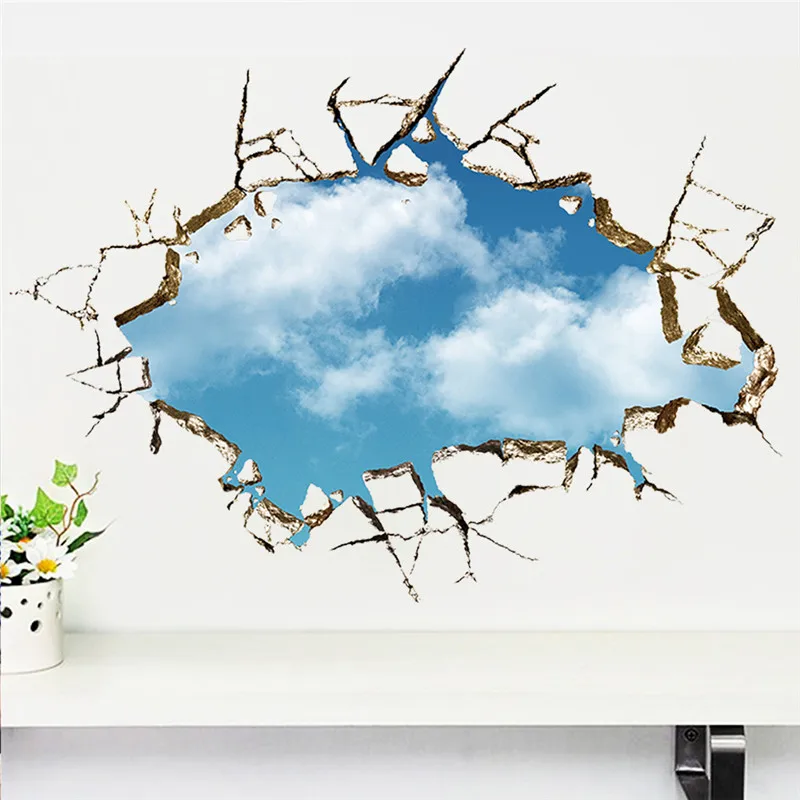 

Blue sky 3d through wall stickers removable 039 wall decals home decor art poster Free Shipping