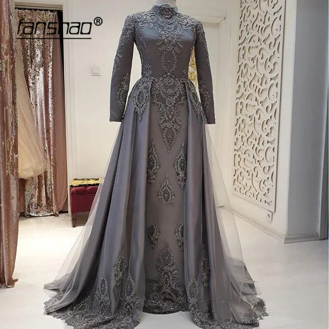 

Gray Muslim Evening Dresses Appliques Beads Detachable Illusion vestidos de festa Dubai Saudi Arabic Evening Gown Prom Dress