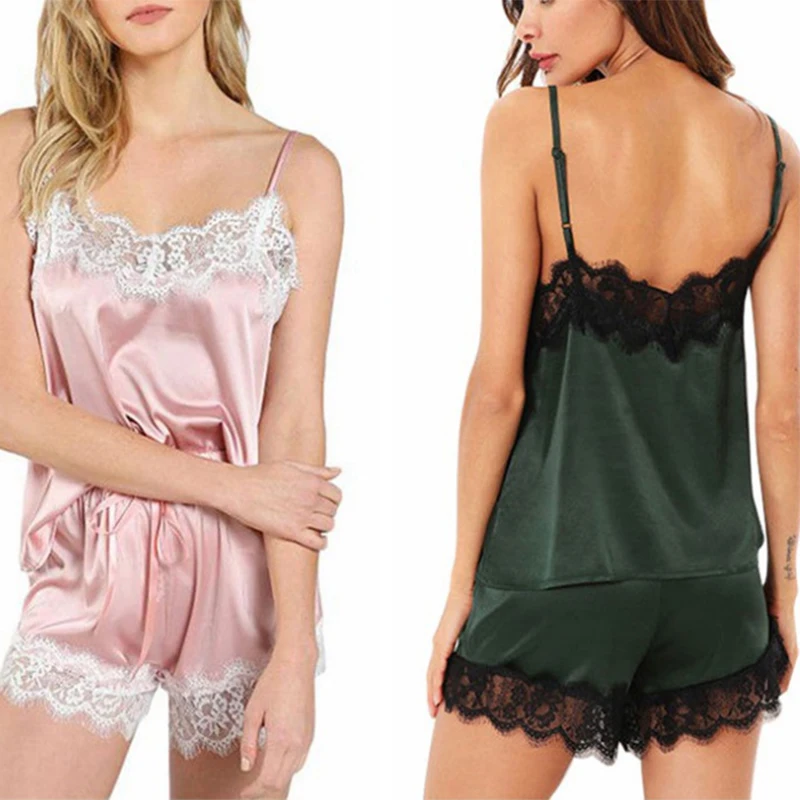 

Black Lace V-Neck Pyjamas Sleeveless Cute Cami Top and Shorts Women's Sleepwear Sexy Satin Pajama Set